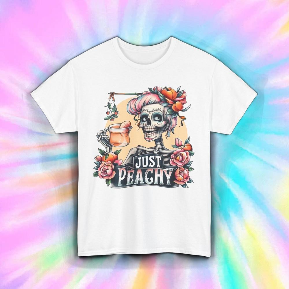 

Just Peachy Shirt Sugar Skull Skeleton Tattoo Art Funny Floral Drink Tee S-5XL M