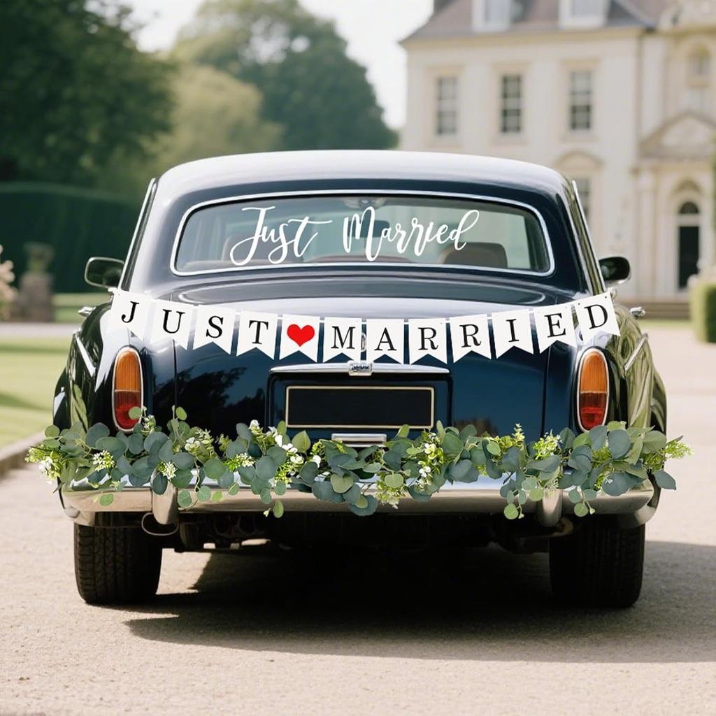 Just Married Car Decorations Kit Wedding Car Decor with Artificial White Roses Banner Flower Vine Tulle Ribbon Sign Stickers Getaway Car Accessories