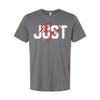Unisex Christian T Shirt With Just Pray Red Script Overlay On Large Light Gray L