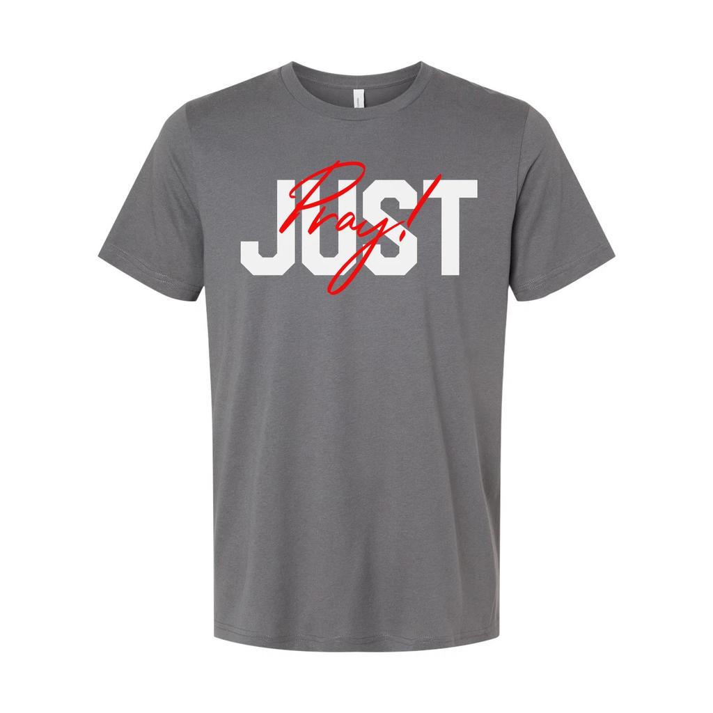 Unisex Christian T Shirt With Just Pray Red Script Overlay On Large Light Gray L