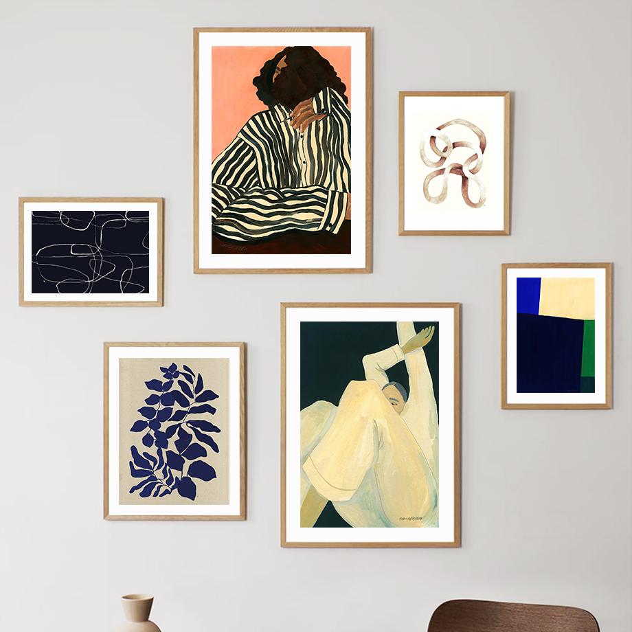 Blue Striped Girl Book Leaves Wall Art Canvas Painting Abstract Posters And Prints Hotel Bar Wall Pictures For Living Room Decor