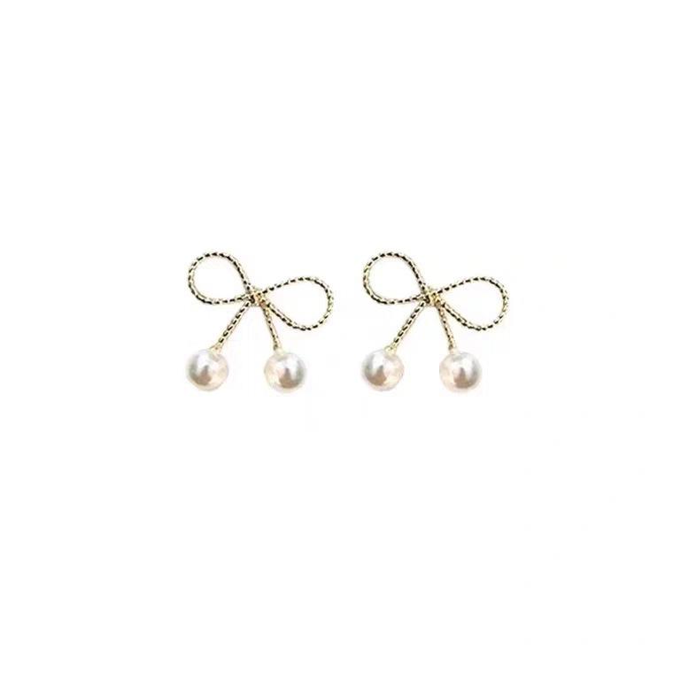 Cute Small Bow Pearl Earrings Temperament High Sense Simple Retro Stud Earrings Versatile Ear Jewelry Women