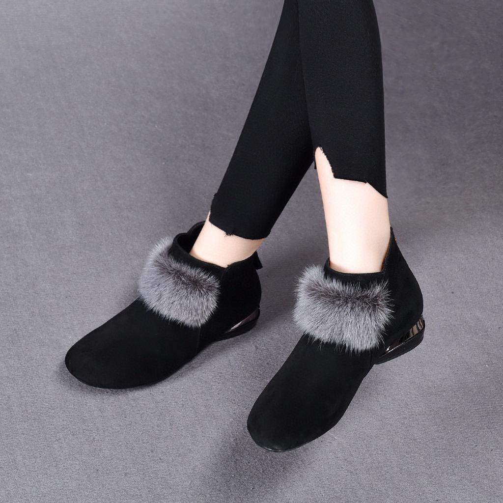 Round-headed mink hair women's short boots autumn and winter new flat-bottomed black sheepskin fur shoes women's shoes velvet leather boots