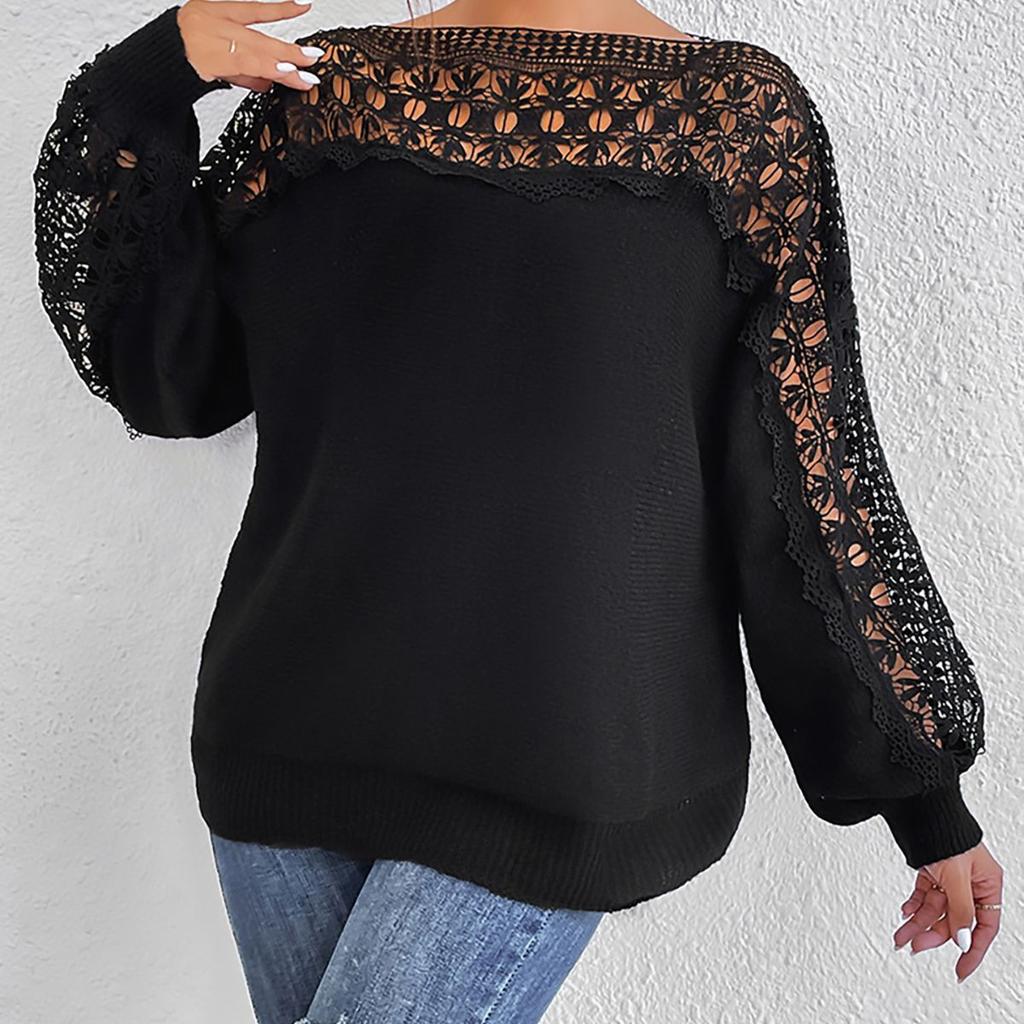 Damen Herbst und Winter Sexy Hohle Spitze Spitze Spleißen Pullover Langarm Pullover
