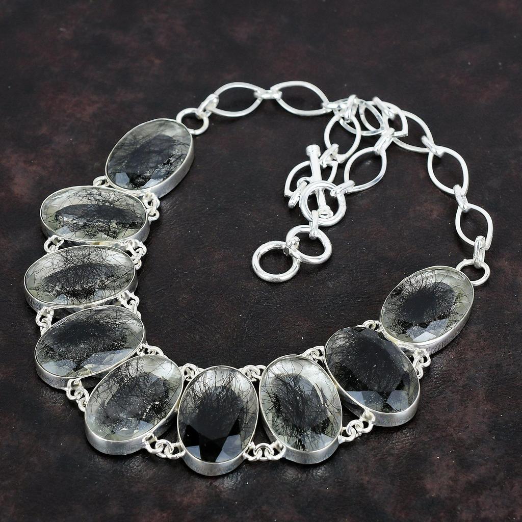 Faceted Black Rutile Gemstone Necklace 925 Sterling Silver Necklace Adjustable Chain Necklace Handmade Necklace Gifts for Her Silver Jewelry