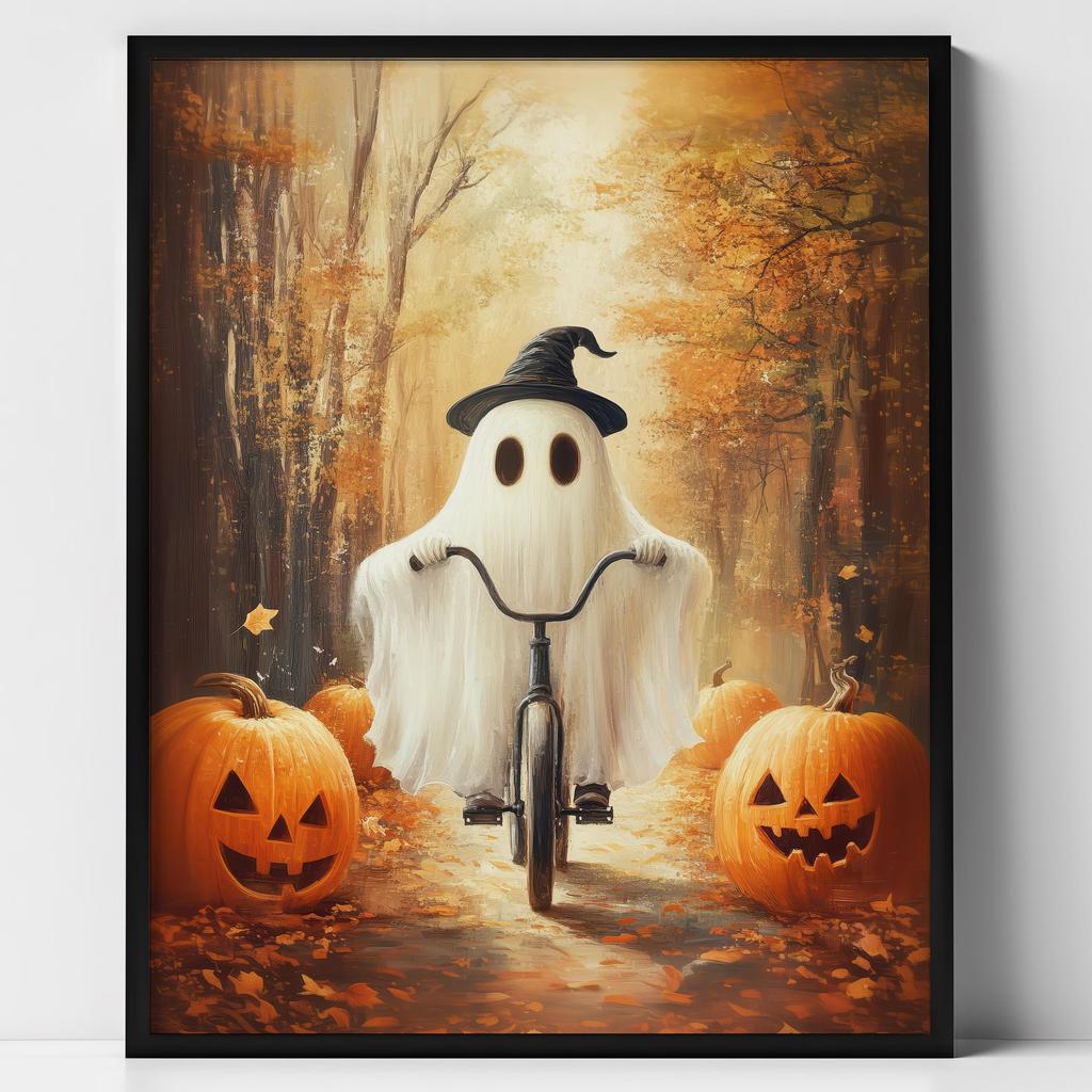 Cute Ghost Black Cat Riding A Broom Canvas Print Ghost Read Book Jack-o-lantern Halloween Wall Art Poster Autumn Home Decor Gift