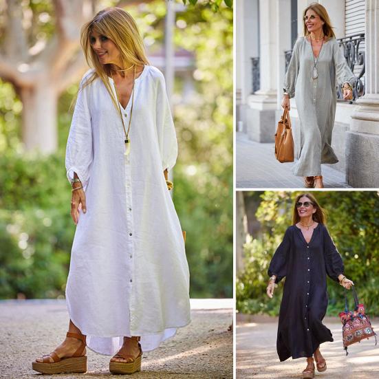 

Fall Spring Lady Dress Single-breasted V Neck Loose Ninth Sleeves Solid Color Ankle Length Casual Daily Wear Maxi Dress S белый