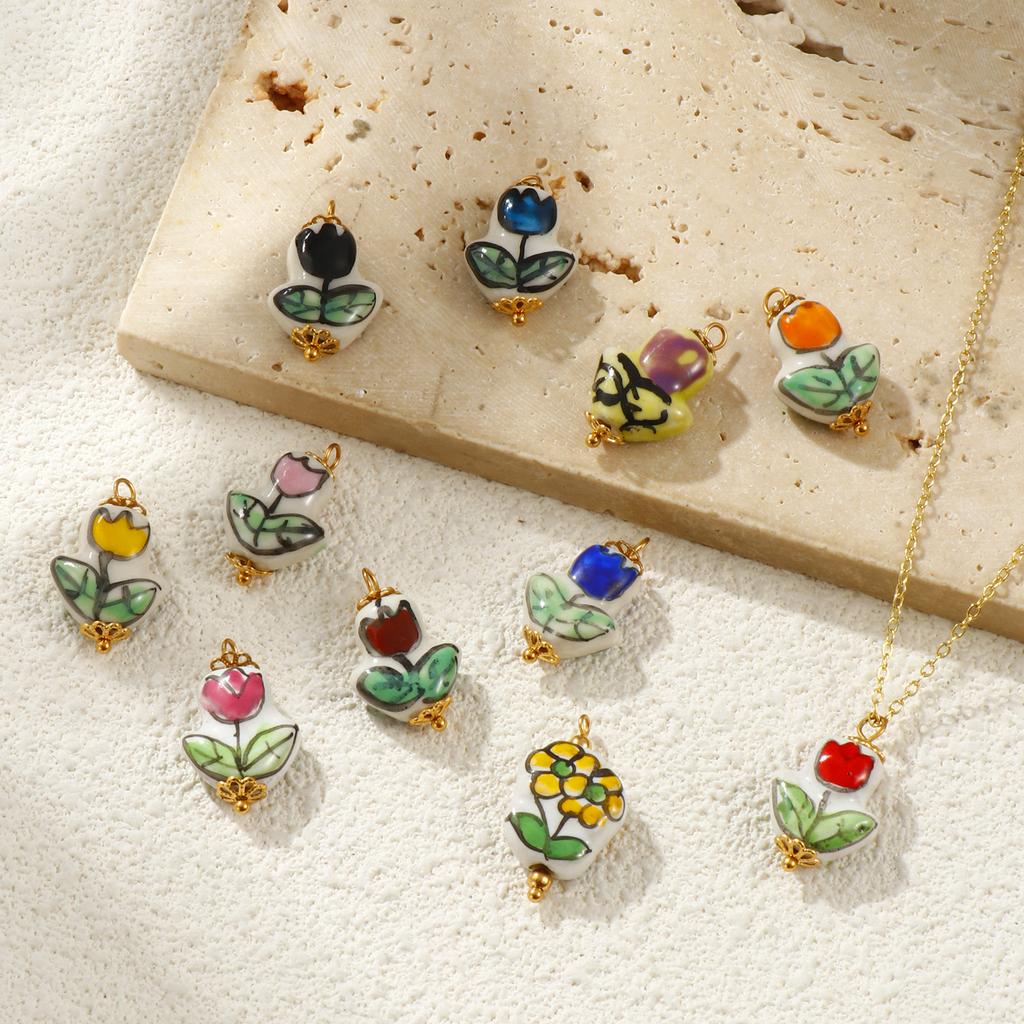 2PCs 304 Stainless Steel & Ceramic Tulip Flower Charms Flora Collection 18K Gold Plated Pendants For DIY Necklace Jewelry Making