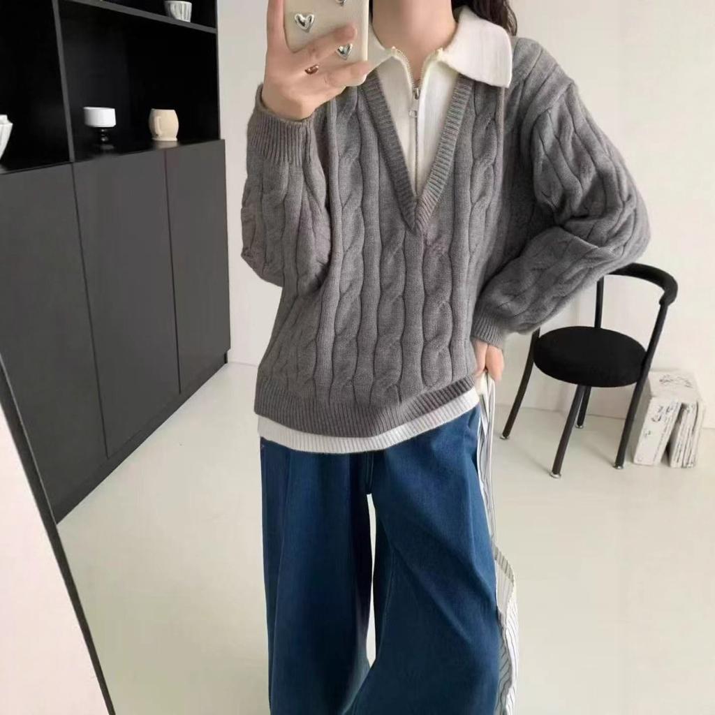 Fake two-piece PO-neck twist pullover sweater for women's autumn and winter new large-size fat mm loose and lazy knitted sweater top