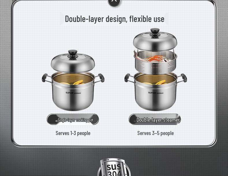 Supor Multi-Purpose 304 Stainless Steel Steamer Pot with Thickened Composite Bottom, 22/24cm - Ideal for Fish and Soup.