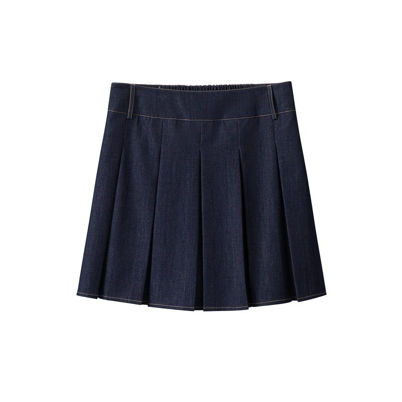 

Contrast Color Bright Line Light Shirt Pleated Skirt Imitation Denim Nostalgic Blue Skirt (Ready in Stock) L
