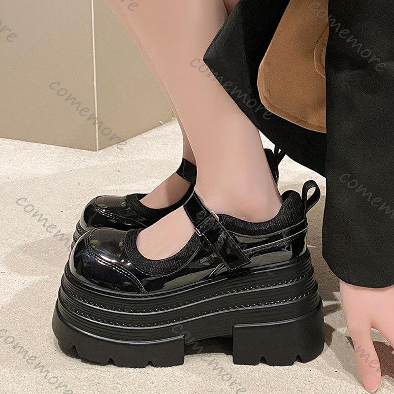 Fashion Comemore Spring New Black Retro Mary Jane Women's Shoes Thick Bottom Round Toe Pumps Single Shoes 10cm Chunky High Heels Loafers