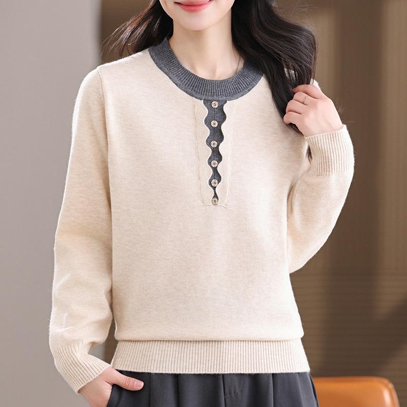 

2026 Stylish Half-High Collar Wool Sweater for Middle-Aged Moms - Faux Two-Piece Layered Spring Top 5XL [140-155 lbs]