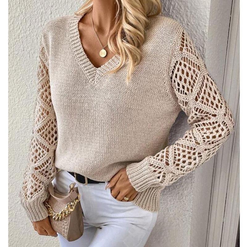 Maglione pullover a V a maniche lunghe lavorato a maglia traforato da donna autunno e inverno