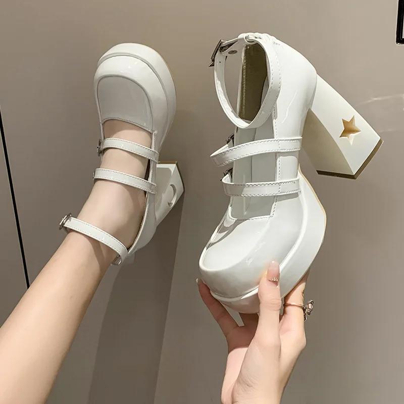 Chunky Platform High Heels Pumps Women 2025 Spring Punk Thick Heel Mary Jane Lolita Shoes Woman Patent Leather Cosplay Shoes