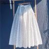 Japanese Mori Girl Summer Women White A-Line Skirt Elastic-Waisted Floral Hollow Out Cotton Skirts Womens