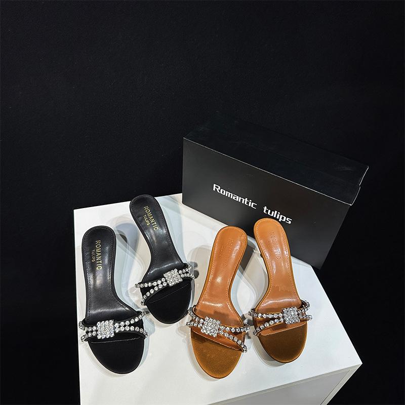 Fashion In 2025, Pointed-Toe Rhinestone Stiletto High Heels, Women'S High-End And Exquisite Cool Slippers, Summer Fashion Sandals