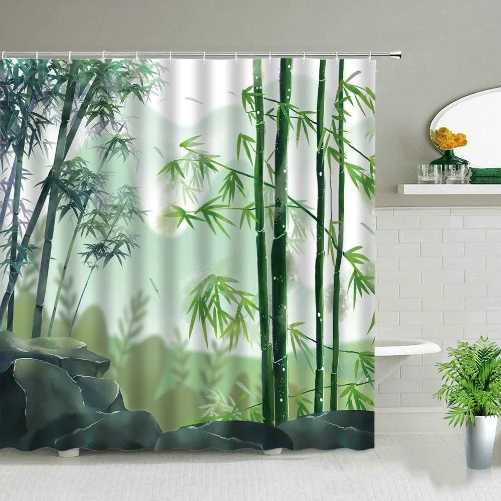 Chinese Style Ink painting Bamboo Landscape Shower Curtain Flower Bird Scenery Bathroom Waterproof Cloth Bath Curtains With Hook