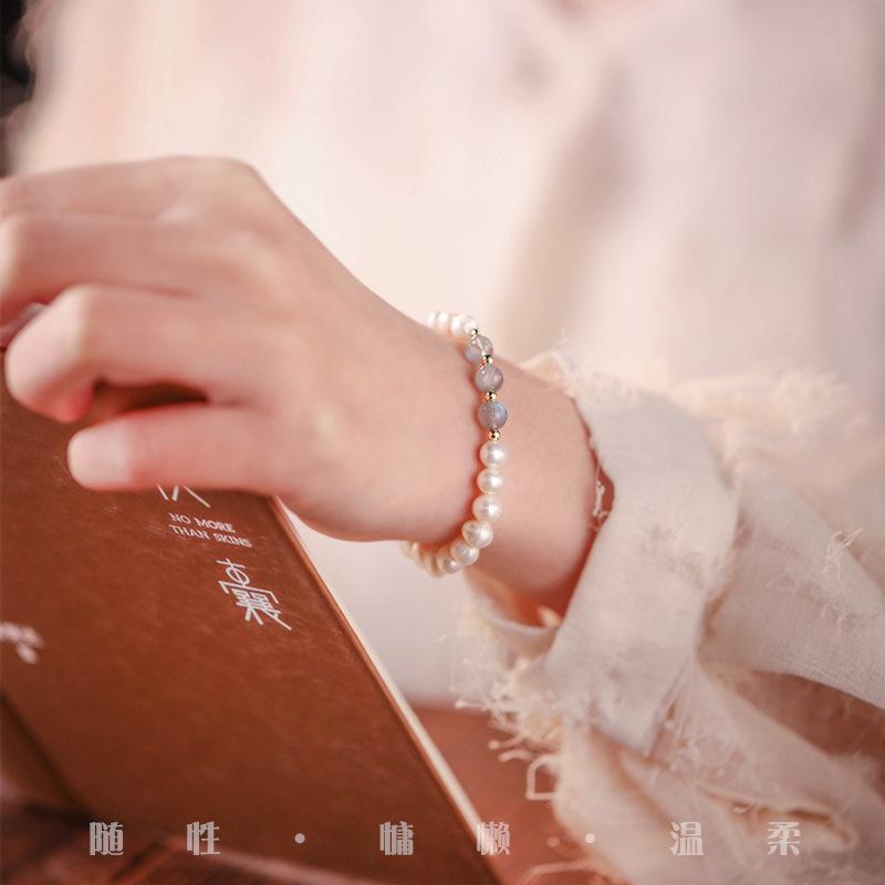 Natural freshwater pearl bracelet for women, summer gray moonstone, sunstone, lapis lazuli bracelet, original niche design bracelet