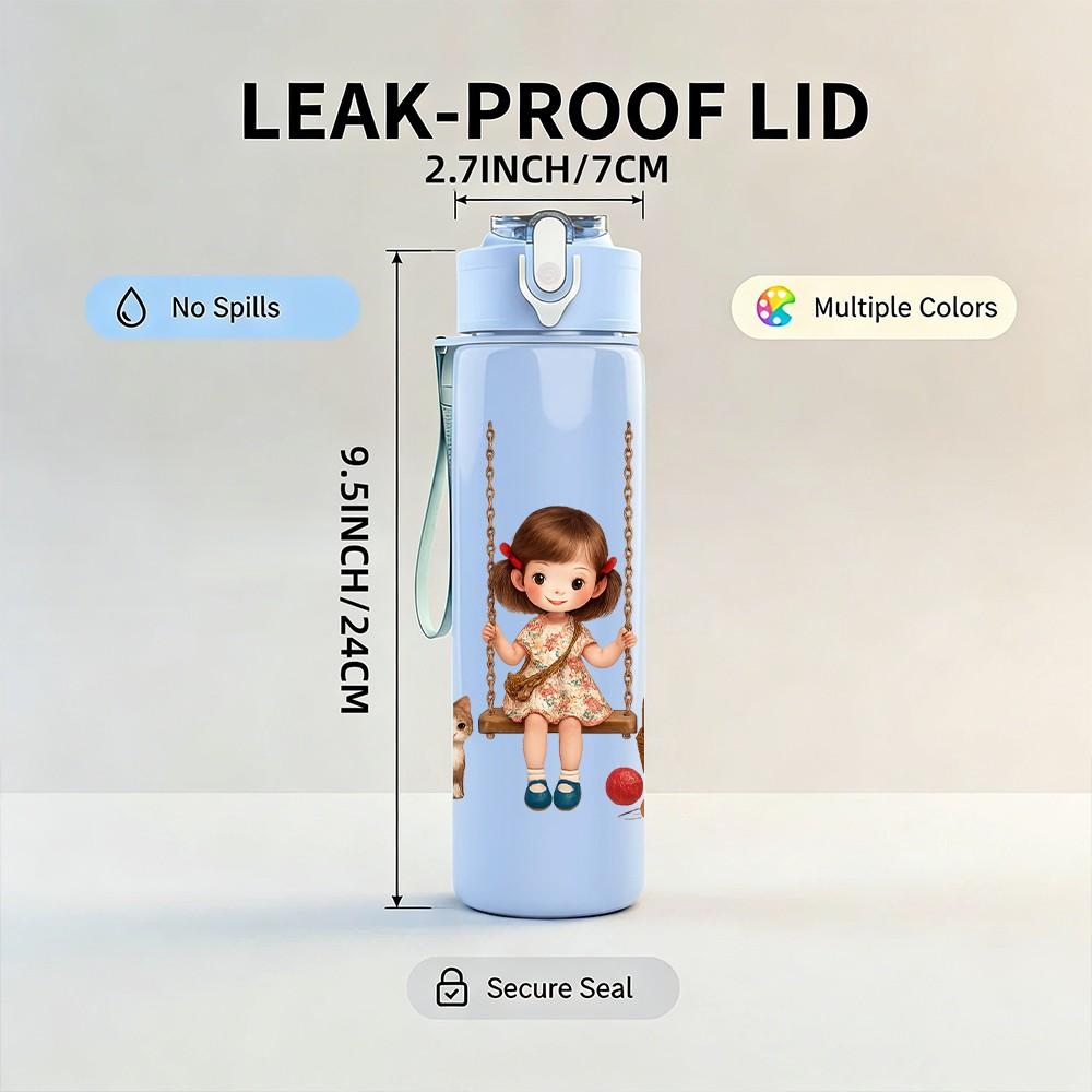 1PC Little Girl Swing Cartoon Print 750ml Color Plastic Sports Water Bottle Leakproof Flip Straw Lid Suitable for Sports Office Home Use
