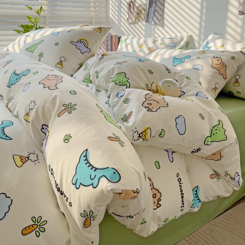 Small Fresh Mattress Quilt Cover Class A Maternal And Infant Grade Cartoon Dormitory Bed Sheet Three-Piece Set Super Soft Washed Cotton 4Pcs Set