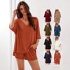 Women Loose V Neck Short Sleeve Top And Shorts Casual Two Piece Set