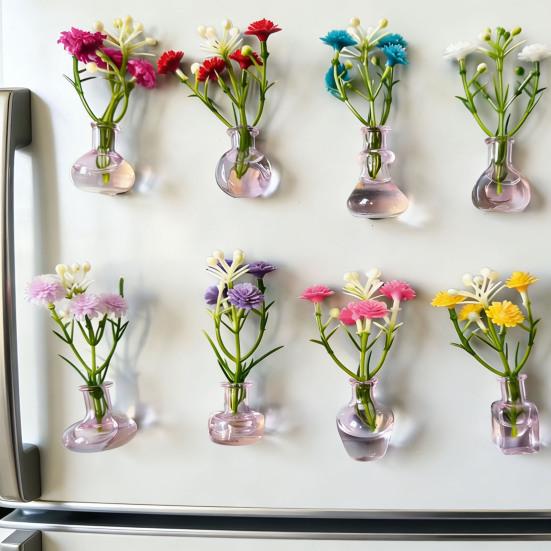 1/8/10Pcs Vertical Greenery Vase Magnetic Mini Clear Glass Propagation Vase with Faux Flowers Dorm Room Plant Decor