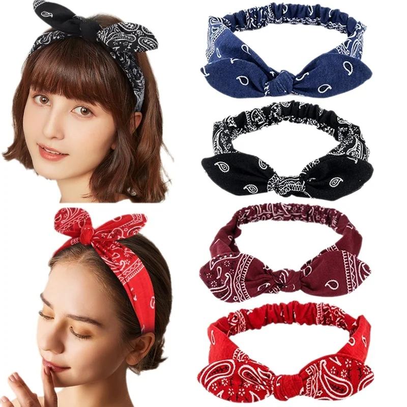 Printed Rabbit Ears Elastic Contour Crossover Hairband Wire Knot Wash Face Headband Elastic Hairband Stretch Headbands for Women