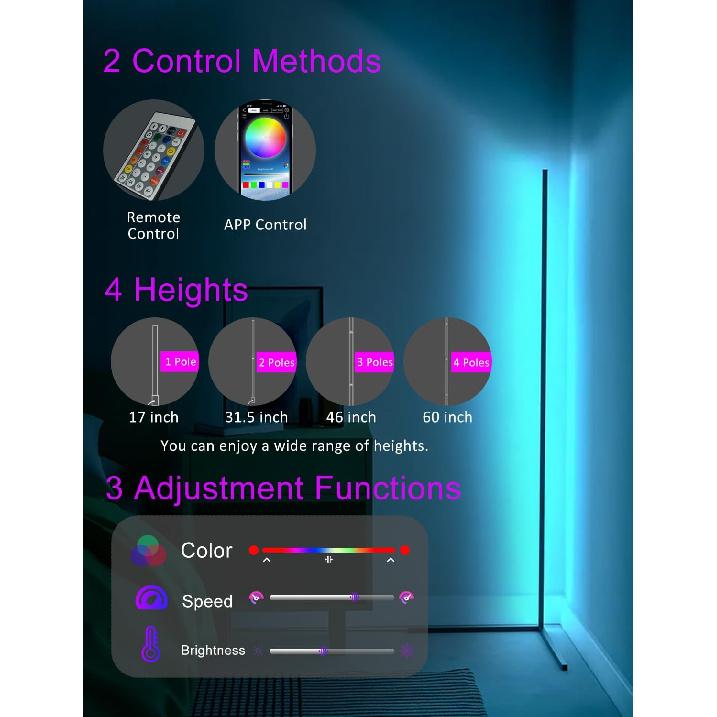 Corner Floor Lamp,60” Smart RGB LED Corner Lamp with App and Remote Control, Color Changing Ambience Light with Music Sync, Easy to Install, Led