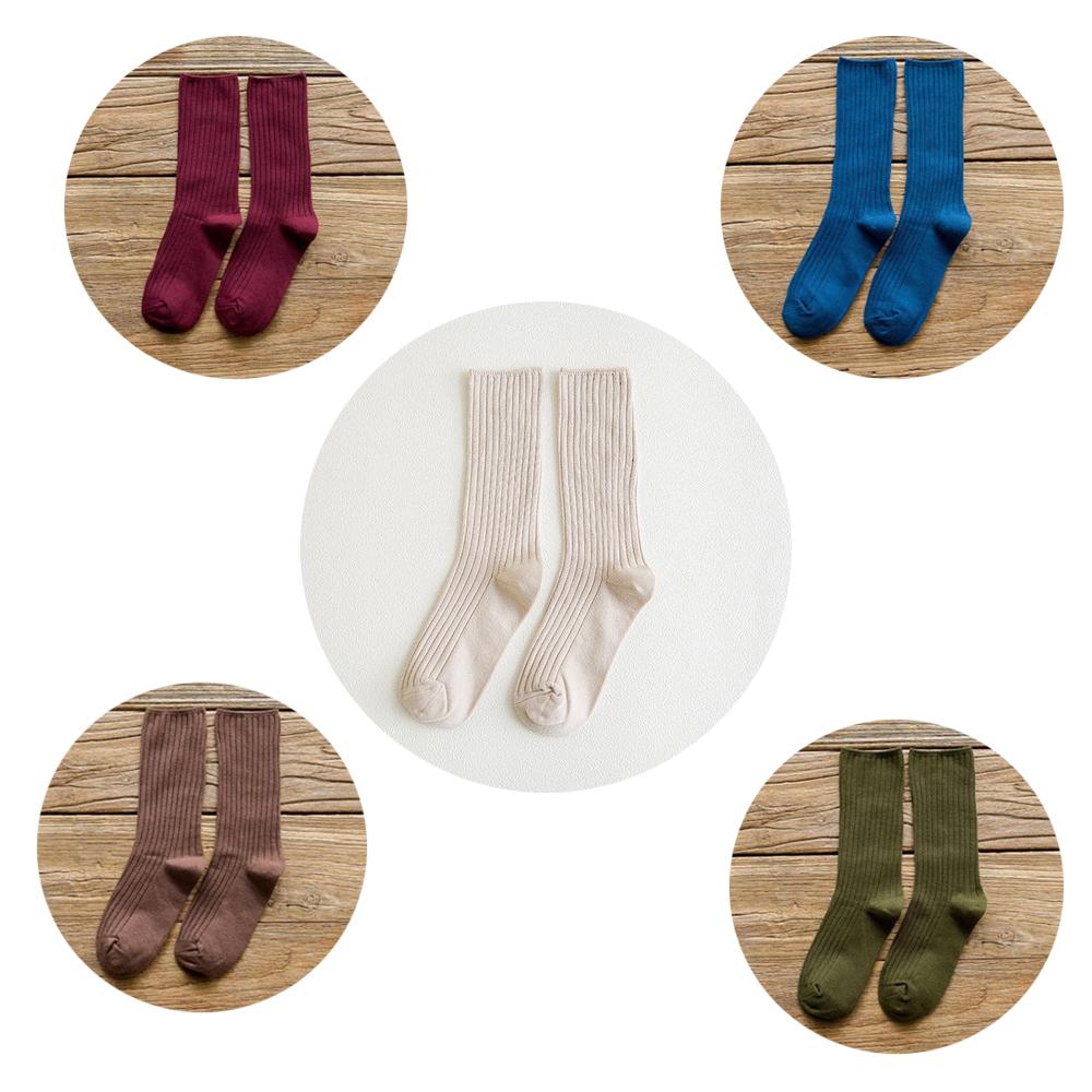 5 Pairs Solid Ribbed Crew Socks Women Mixed Color 4 Seasons Fit Loose Socks Set Daily Basic Sox