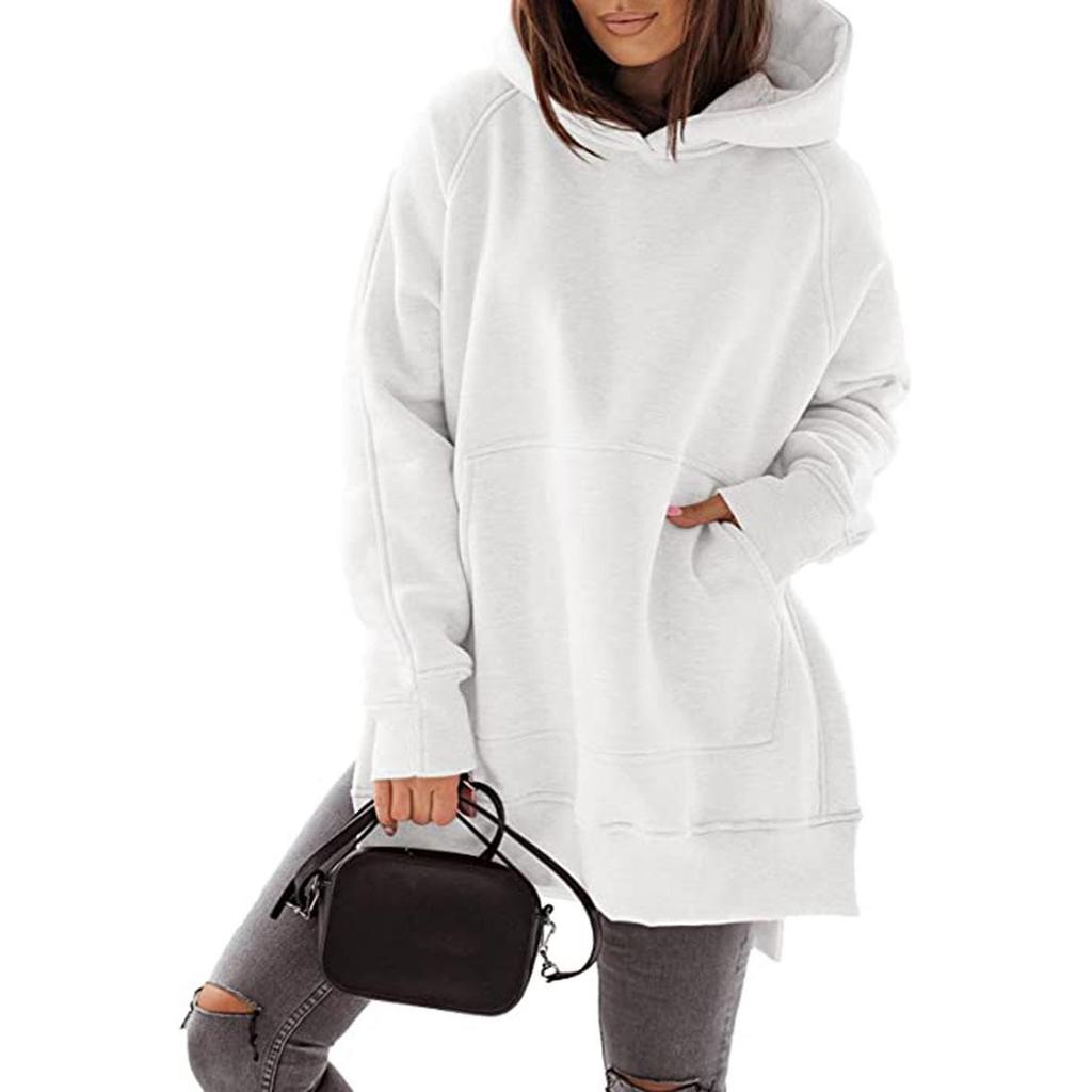 Long Sleeve Hooded Padded Women's Sweatshirt Solid Color Pocket Loose Hooded Sweatshirt Plus Size Women
