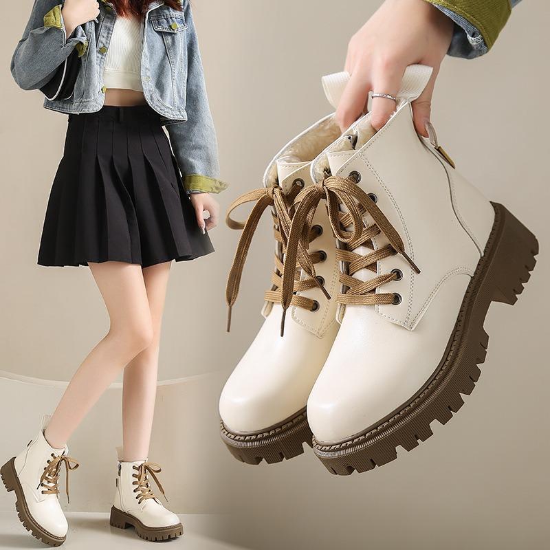 Fashion 2024 Shoes for Women Lace Up Zipper Women's Boots Autumn Round Toe Solid Short Barrel Platform Water Proof Fashion Boots