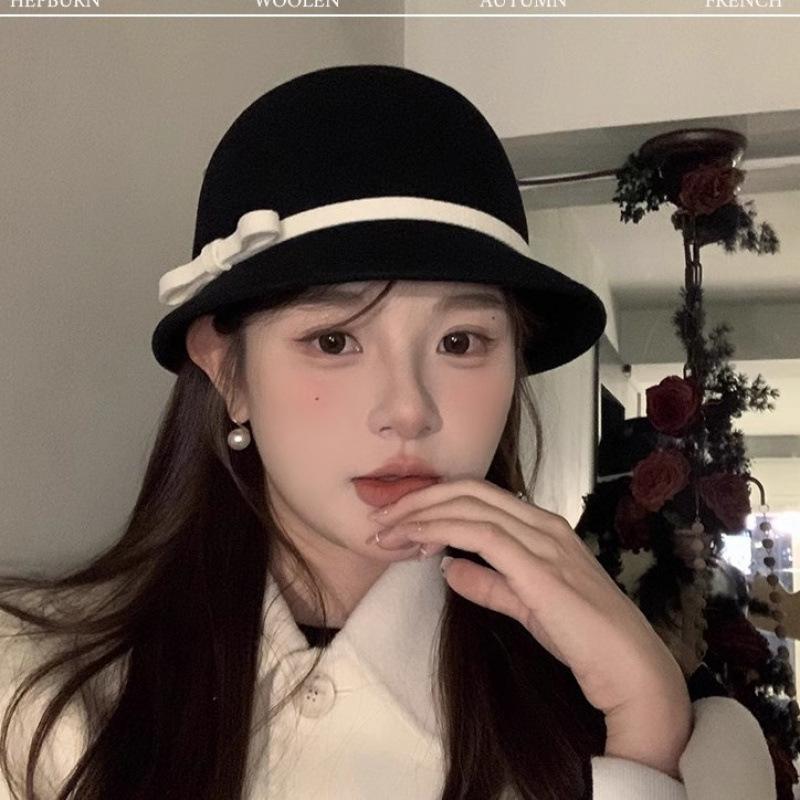 Hepburn Wool Bucket Hat Women's Autumn and Winter French Retro Small Fragrant Celebrity Top Hat Versatile Bow Basin Hat