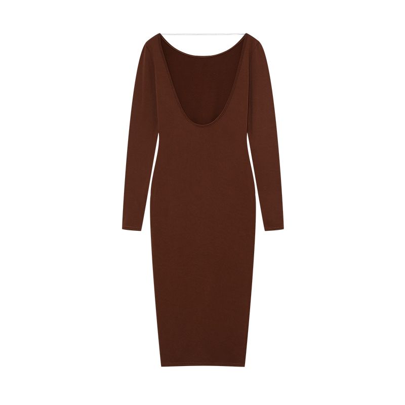 

European Station Spring and Summer round Neck Backless Slim Fit Dress Brown XL