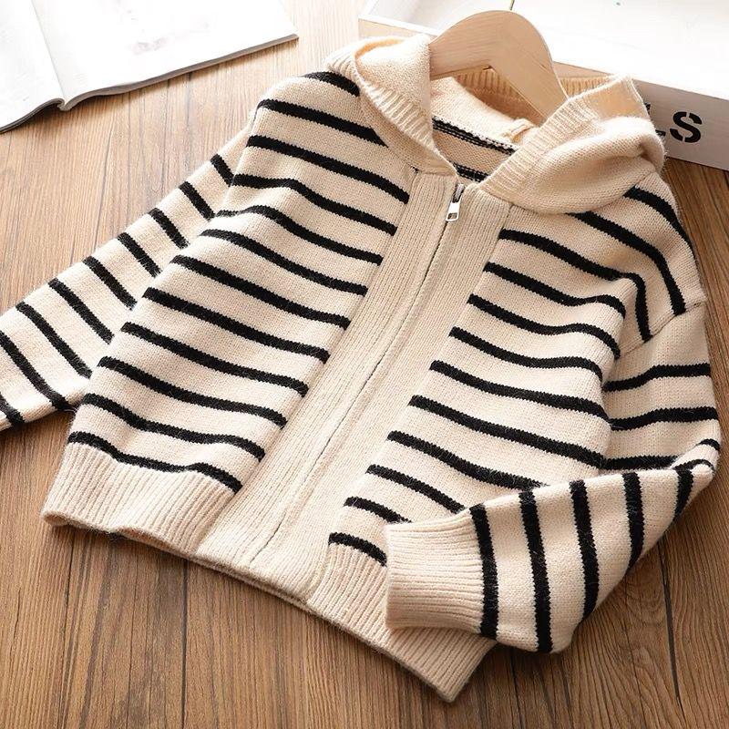 

Girls Striped Knitted Cardigan Hoodie - Versatile Spring & Autumn Sweater Coat 150