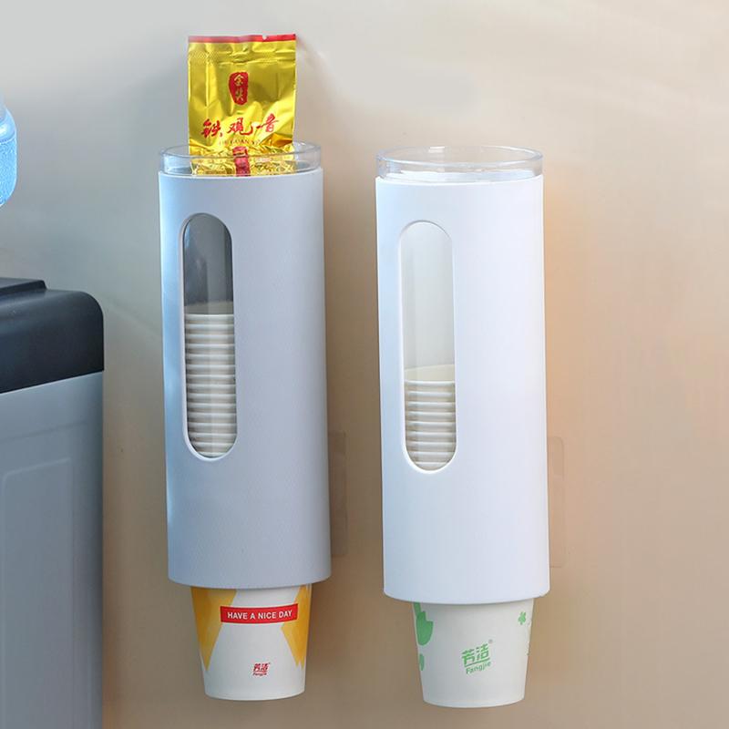 Wall Mounted Disposable Paper Cup Dispenser Pull Type Plastic Cup Holder Anti-Dust Storage Rack Office Tumbler Holders Kitchen