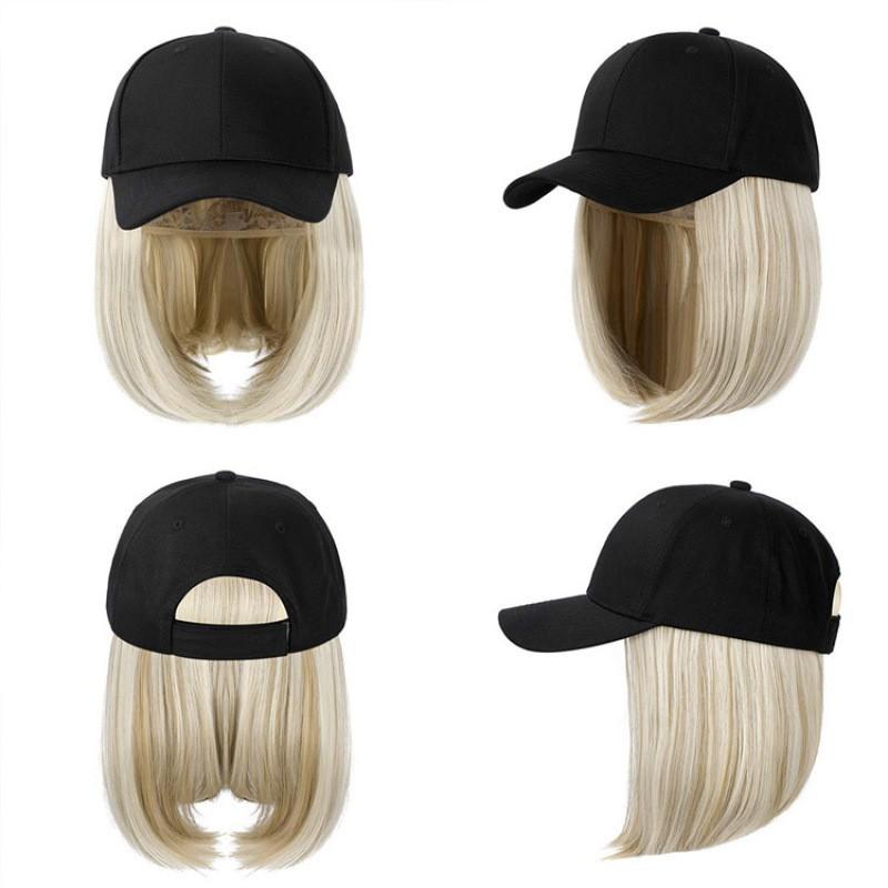 Perruque Bob Court pour Femme avec Casquette de Baseball Intégrée Pièce Capillaire Noir Naturel Cheveux Synthétiques Résistants à la Chaleur Look Élégant
