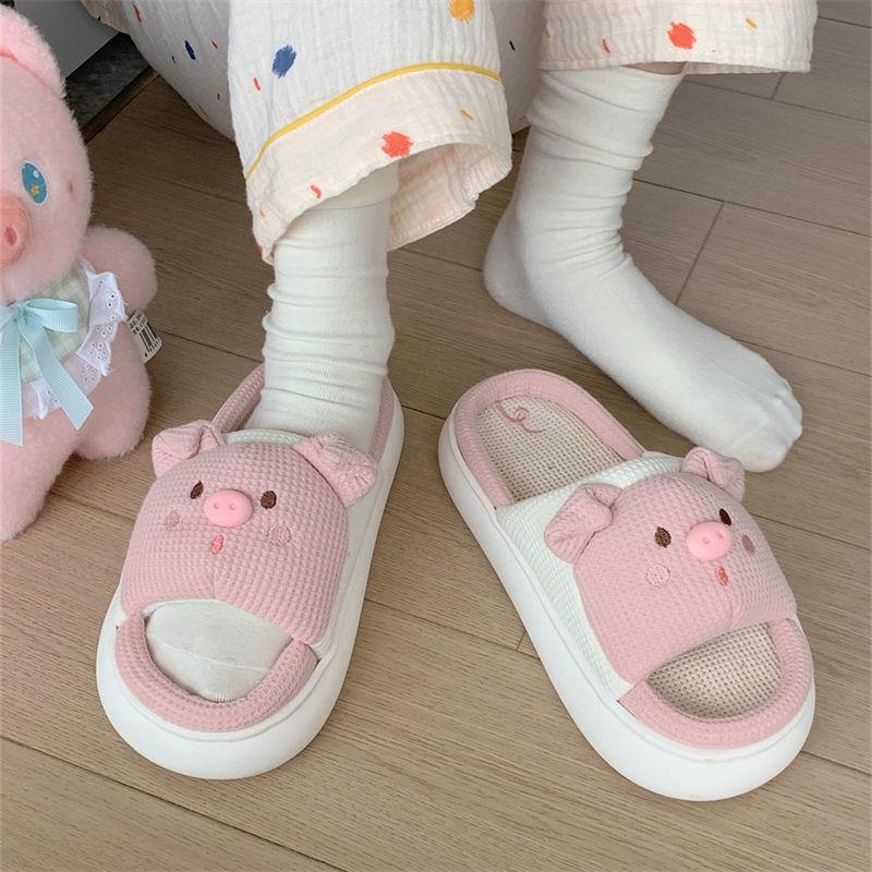Lovely girls platform slippers with pig pink linen shoes for women 2025 new cloud slides Beach flipflops