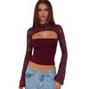 Women's Lace Long Sleeve Going Out Tops Sexy Y2K Crew Neck Cutout Double Lined Slim Night Out Shirts