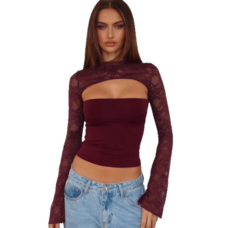 Women's Lace Long Sleeve Going Out Tops Sexy Y2K Crew Neck Cutout Double Lined Slim Night Out Shirts