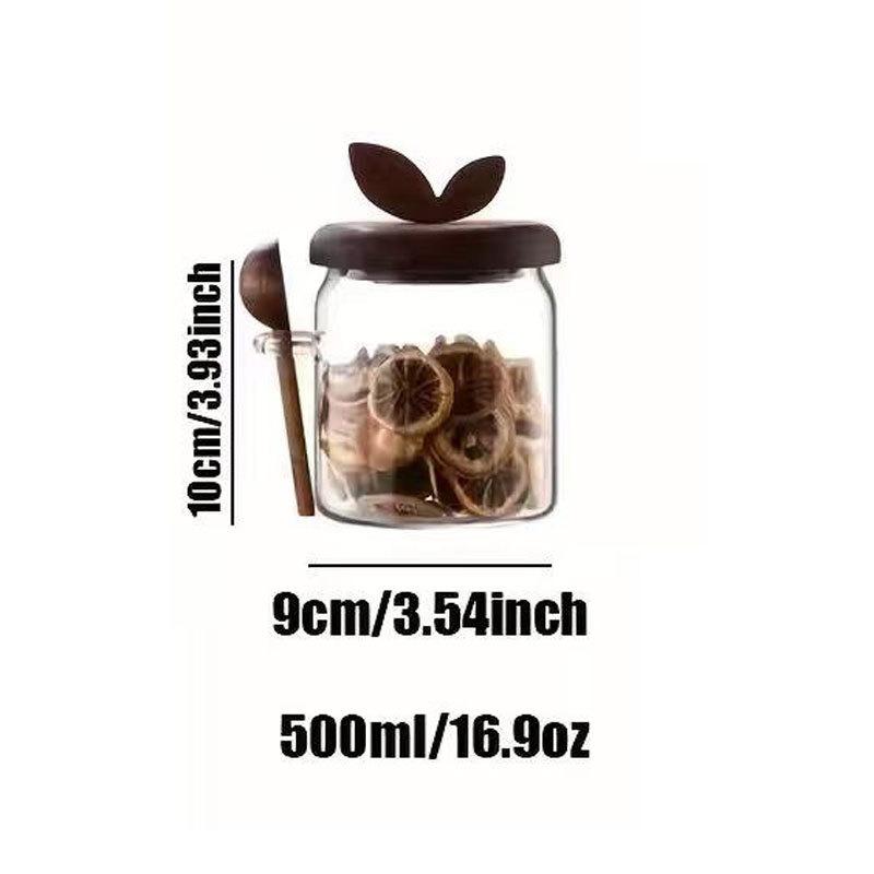 Home Kitchen Transparent Glass Sealed Jar With Spoon Leaf Wooden Lid Coffee Bean Moisture Proof Spice Storage Container