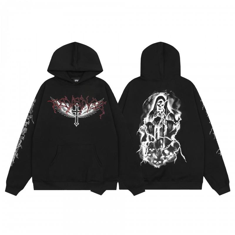 Mens Oversized Hoodie With Embroidered Skull Spine Design Streetwear Casual Pullover Cotton Blend Loose Fit
