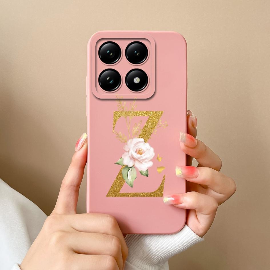 Liquid Soft Silicone Bumper For Xiaomi 14T Pro 5G 14 T Cover Pretty 26 Flower Letters Cases Anti Drop Housing Phone Shell Fundas