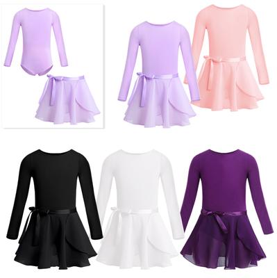 2Pcs Kid Girls Ballet Leotard Dress Ballerina Dance Costumes Gymnastics Bodysuit with Tied Skirt Set