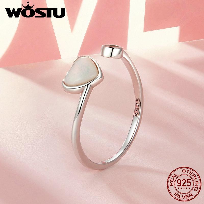 WOSTU 925 Sterling Silver Creative Double Heart Opening Ring For Women Natural White Shell Rings Handmade Jewelry Party Gift