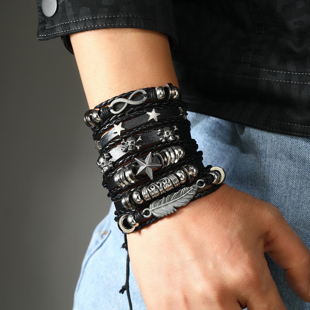 European and American cross-border men's punk leather rivet bracelet 12 pieces, a set of multi-layer skull five-pointed star bracelet