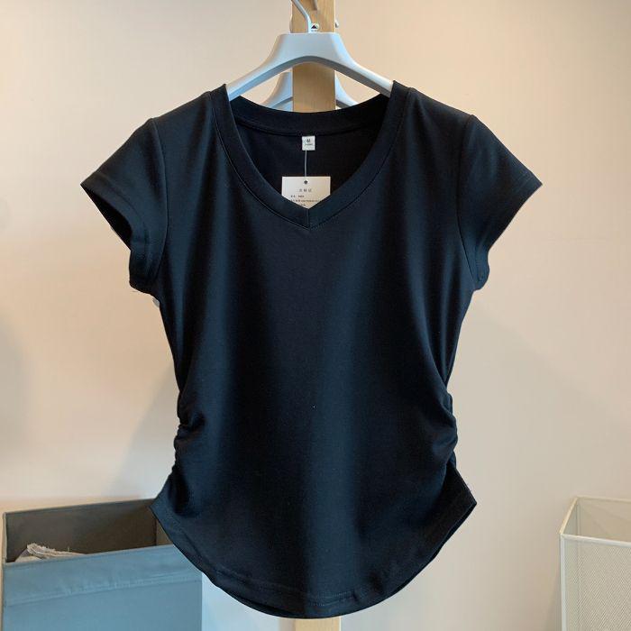 

Женская черная футболка с V-образным вырезом, облегающего кроя, с коротким рукавом - Летний дизайн 2025 года, бодикон, с утягивающей талию деталью Small