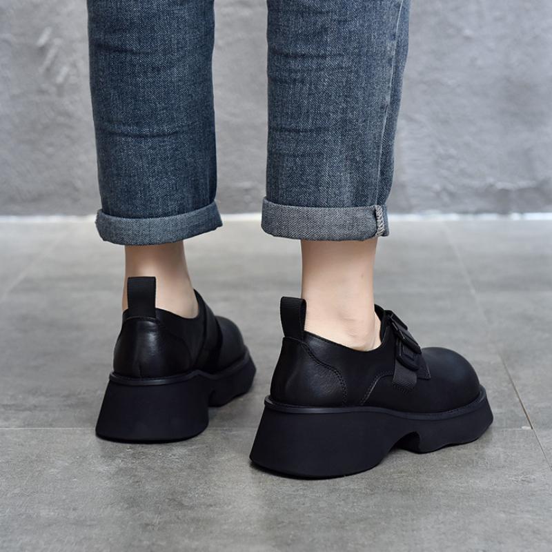 Johnature Dicke Sohlen-Pumps, leicht, echtes Leder, vielseitige Retro-Damen-Plateauschuhe mit runder Zehenpartie