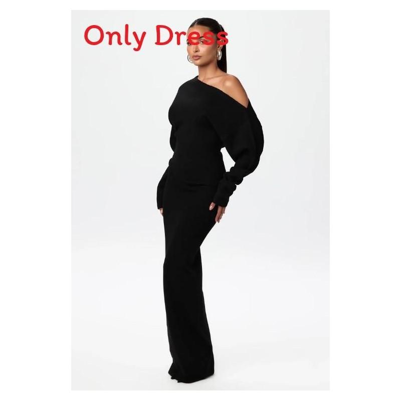 Elegant Off Shoulder Long Sleeve Bodycon Dress With Stretch Polyester For Office Wear