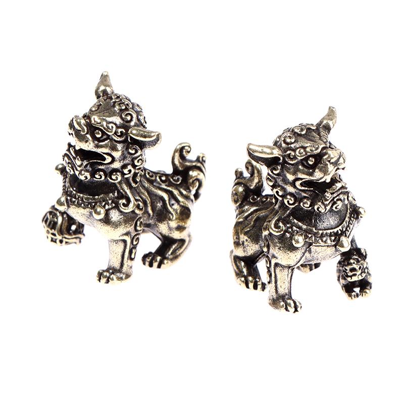 2 יחידות נחושת טהורה צלמיות מזל מלך האריות עתיק ברונזה פסל חיות סינית